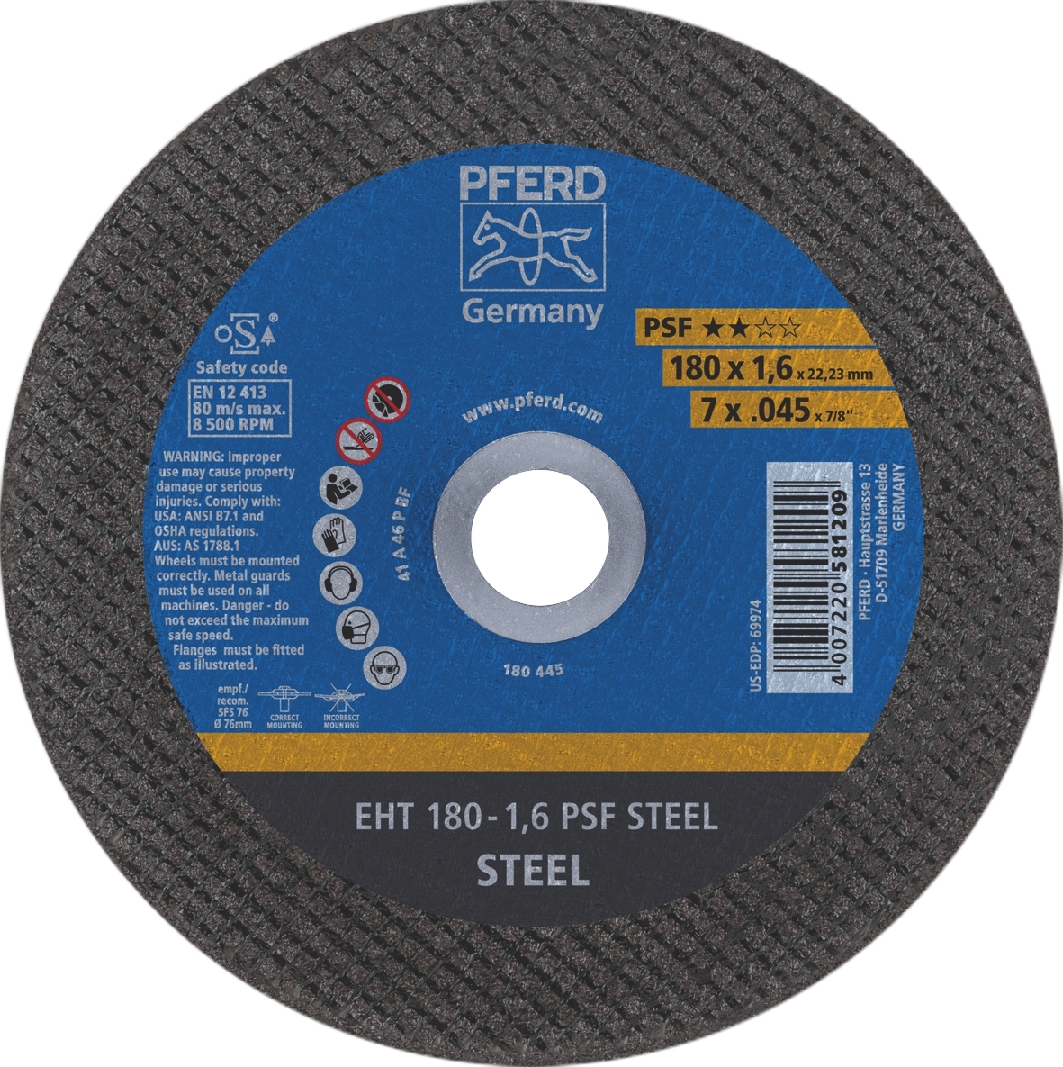 180Mm X 1.6 Cut Off Wheel Psf Steel Eht