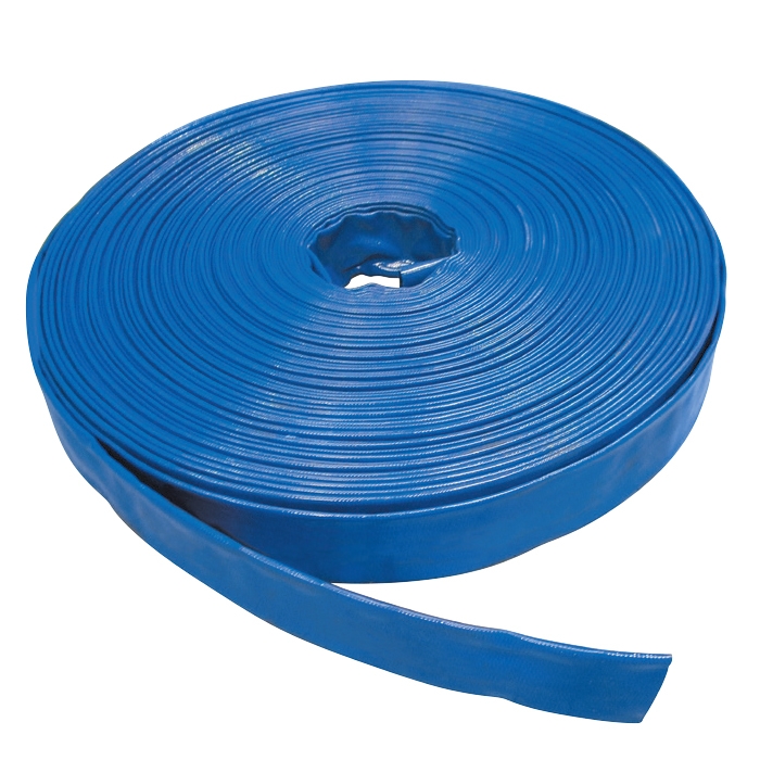Blue PVC Layflat hose, 50 mm ID / 2" ID. Sold in custom lengths by the metre.