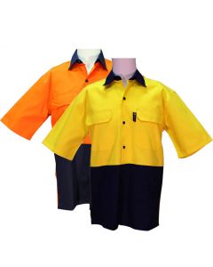 Two Tone Short Sleeve Drill Shirt - M Orange/Navy